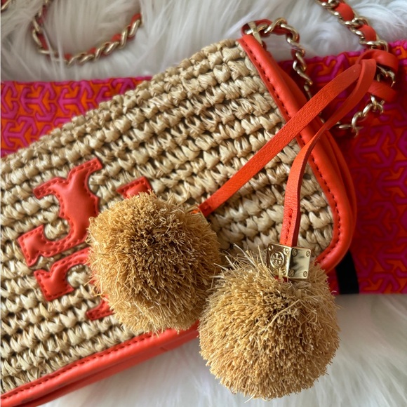 Tory Burch Raffia Orange Leather Gold Chain Pom Crossbody Bag - Picture 2 of 9